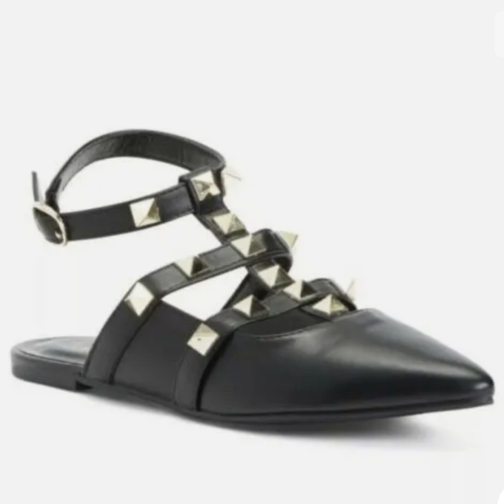 Nicole Miller Tulum Black Faux Leather Studded Pointy Toe Flats 7 NWOT